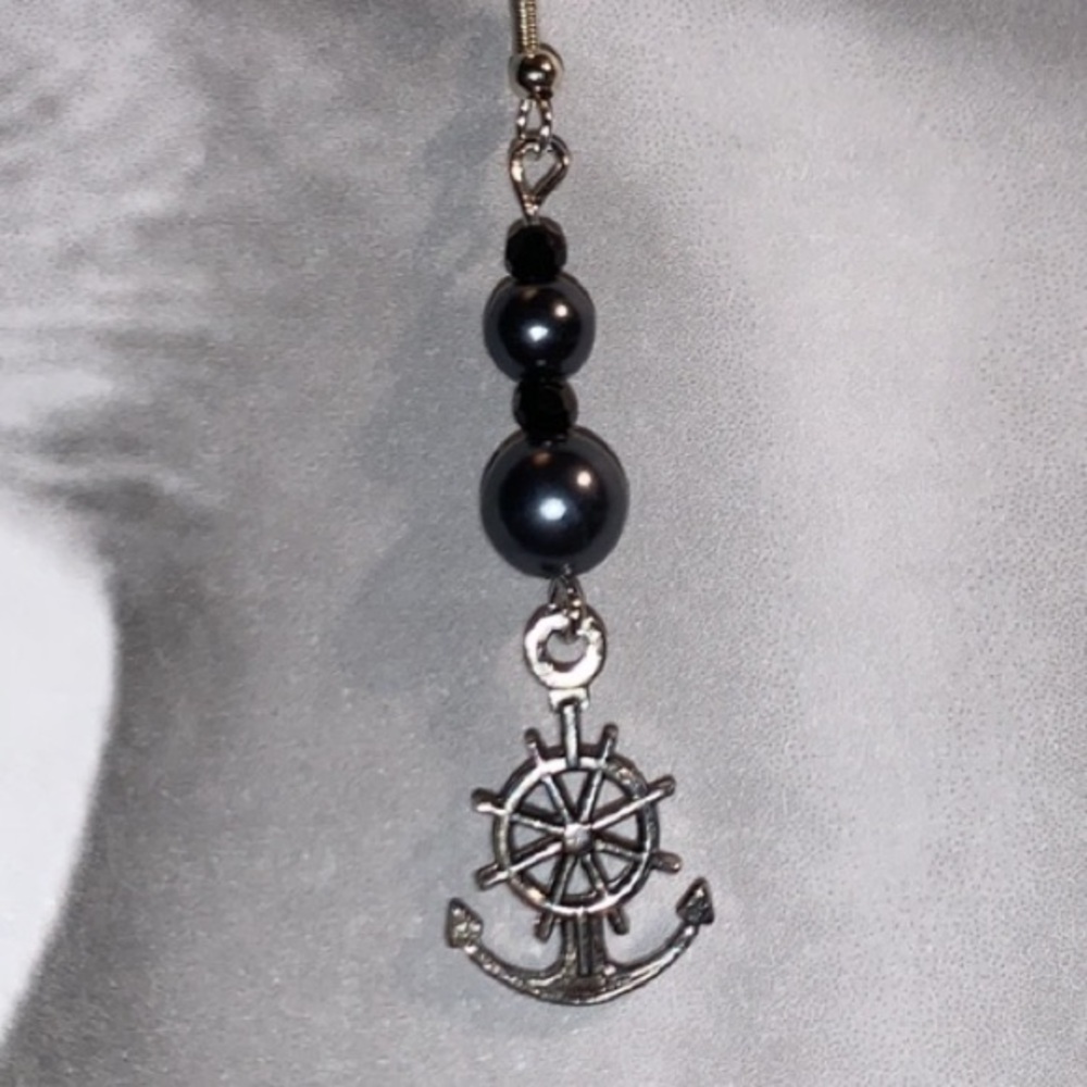 Handcrafted Faux Grey Black Pearl Drop Dangling Nautical Pendant  Earrings